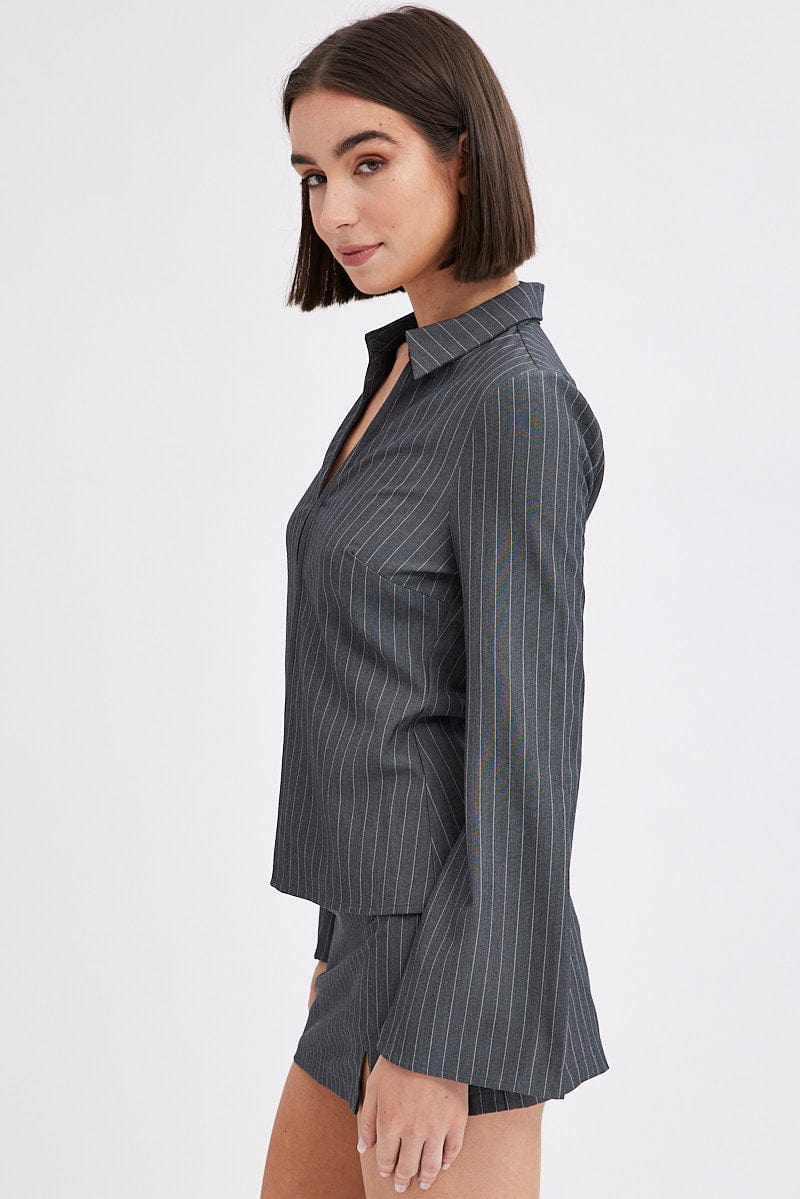 Grey Stripe Shirt Long Sleeve Collared Hook & Eye - Image 4